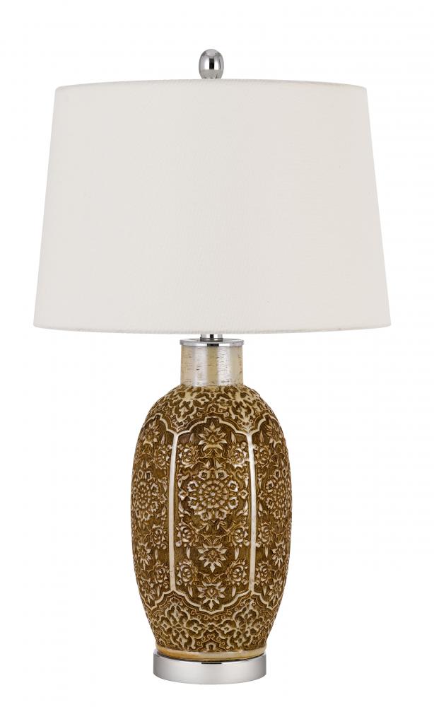 150W 3 way Olive ceramic table lamp with hardback taper fabric drum shade